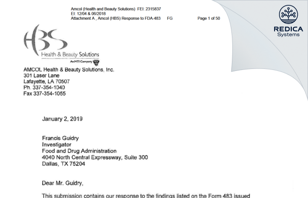 FDA 483 Response - AMCOL Health & Beauty Solutions, Inc DBA AMCOL Household and Personal Care [Lafayette / United States of America] - Download PDF - Redica Systems