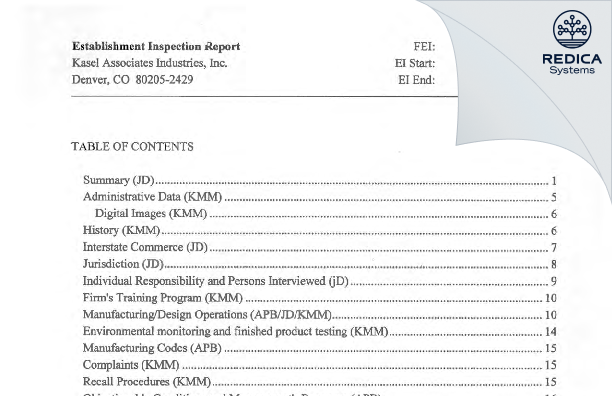 EIR - Kasel Associates Industries, Inc. [Denver / United States of America] - Download PDF - Redica Systems