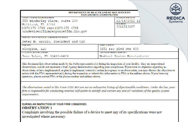 FDA 483 - FloSpine, LLC [Boca Raton / United States of America] - Download PDF - Redica Systems