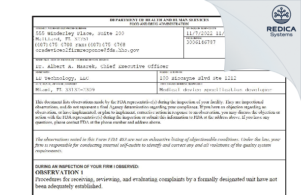 FDA 483 - LD Technology, LLC [Miami / United States of America] - Download PDF - Redica Systems
