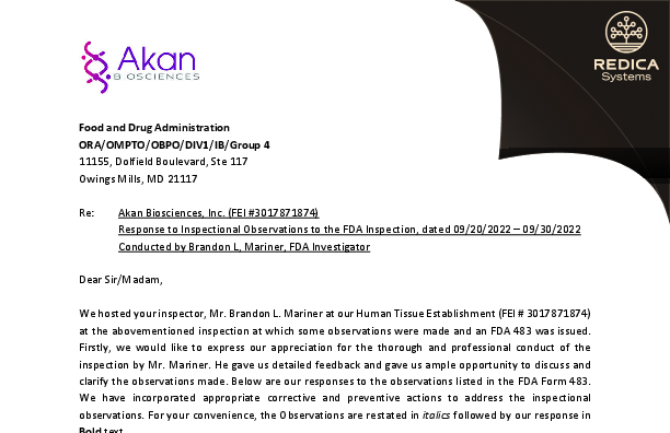 FDA 483 Response - Akan Biosciences LLC [Gaithersburg / United States of America] - Download PDF - Redica Systems