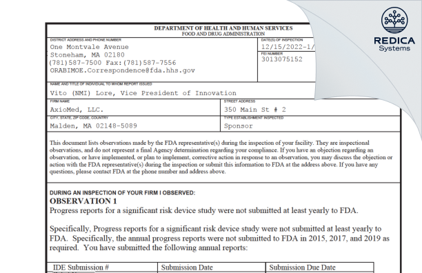 FDA 483 - AxioMed, LLC. [Malden / United States of America] - Download PDF - Redica Systems