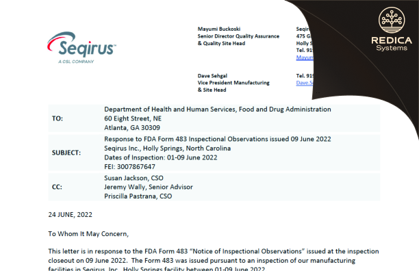 FDA 483 Response - Seqirus Inc [Holly Springs / United States of America] - Download PDF - Redica Systems