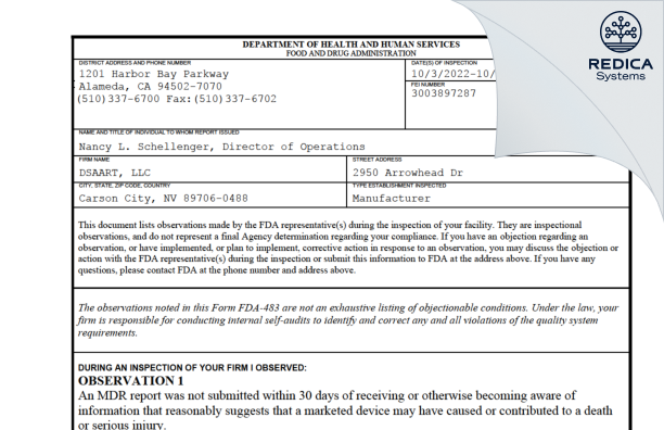FDA 483 - DSAART, LLC [Carson City / United States of America] - Download PDF - Redica Systems