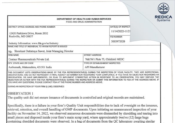 FDA 483 - Centaur Pharmaceuticals Private Limited [Thane / India] - Download PDF - Redica Systems