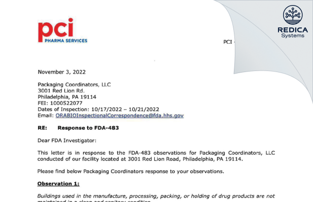 FDA 483 Response - PACKAGING COORDINATORS LLC [Philadelphia / United States of America] - Download PDF - Redica Systems