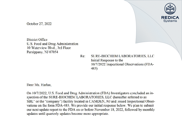 FDA 483 Response - Sure-Biochem Laboratories, LLC [Camden / United States of America] - Download PDF - Redica Systems