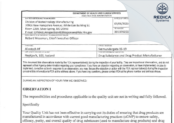FDA 483 - Alvotech Hf [Reykjavik / Iceland] - Download PDF - Redica Systems