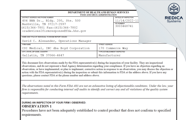 FDA 483 - CSI Medical, INC dba Boyd Corporation [Gallatin / United States of America] - Download PDF - Redica Systems