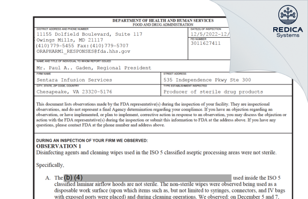 FDA 483 - Sentara Infusion Services [Chesapeake / United States of America] - Download PDF - Redica Systems