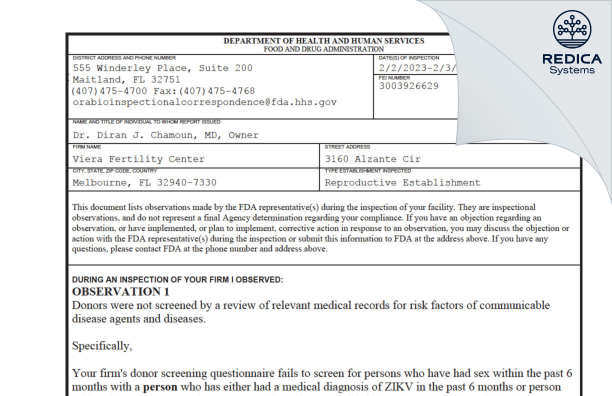 FDA 483 - Viera Fertility Center [Melbourne / United States of America] - Download PDF - Redica Systems