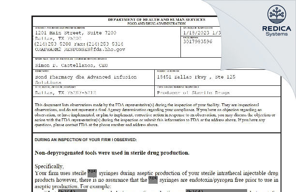 FDA 483 - Advanced Infusion Solutions [Dallas / United States of America] - Download PDF - Redica Systems