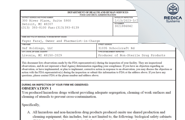FDA 483 - Snf Holdings, LLC [Livonia / United States of America] - Download PDF - Redica Systems