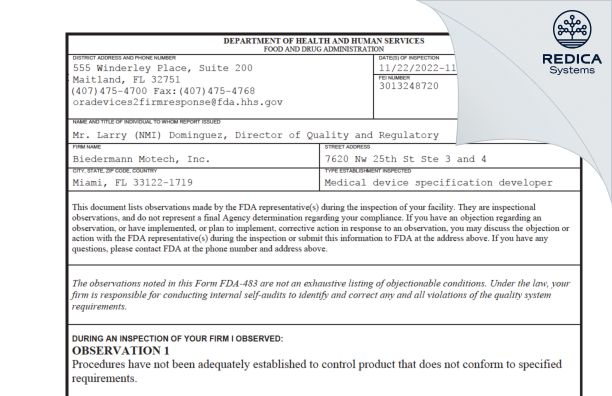 FDA 483 - Biedermann Motech, Inc. [Miami / United States of America] - Download PDF - Redica Systems