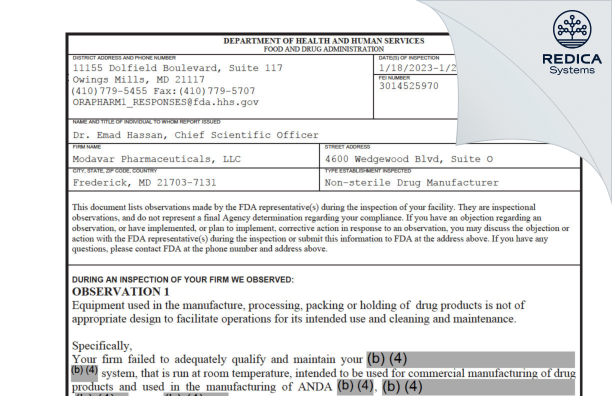 FDA 483 - Modavar Pharmaceuticals [Frederick / United States of America] - Download PDF - Redica Systems