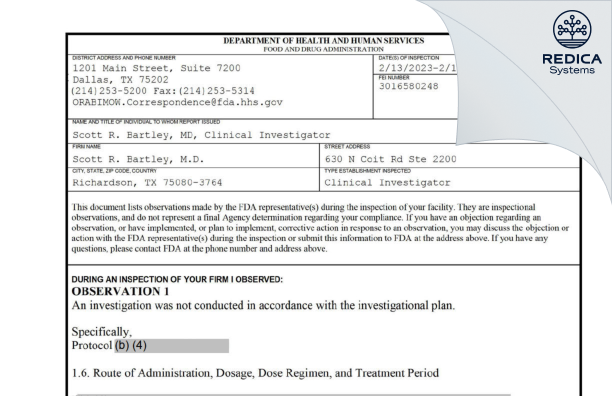 FDA 483 - Scott R. Bartley, M.D. [Richardson / United States of America] - Download PDF - Redica Systems