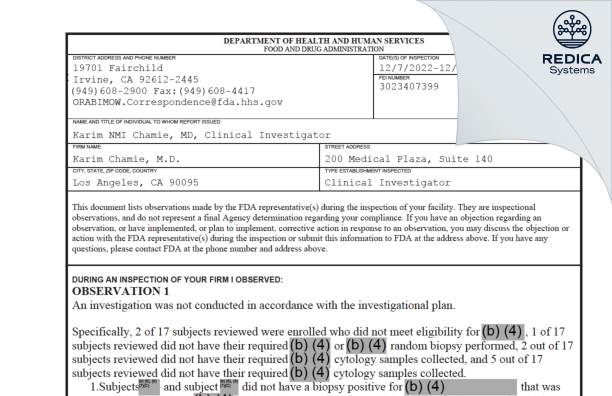 FDA 483 - Karim Chamie, M.D. [Los Angeles / United States of America] - Download PDF - Redica Systems