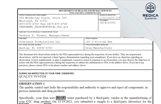 FDA 483 - Freelance Formulations [Florida / United States of America] - Download PDF - Redica Systems