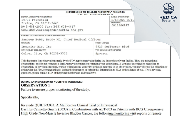 FDA 483 - Immunity Bio, Inc [Culver City / United States of America] - Download PDF - Redica Systems