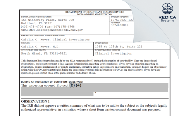 FDA 483 - Caitlin C. Meyer, M.D. [North Miami / United States of America] - Download PDF - Redica Systems