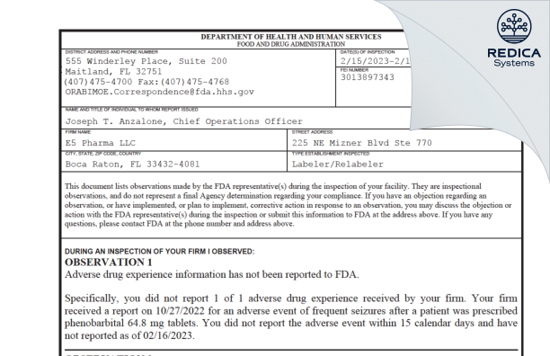 FDA 483 - E5 Pharma LLC [Boca Raton / United States of America] - Download PDF - Redica Systems