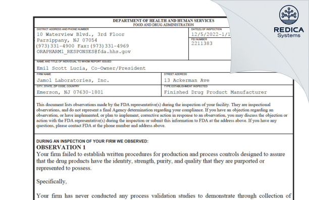 FDA 483 - Jamol Laboratories, Inc. [Jersey / United States of America] - Download PDF - Redica Systems