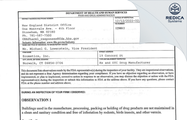 FDA 483 - Ecometics, Inc. [Norwalk Connecticut / United States of America] - Download PDF - Redica Systems