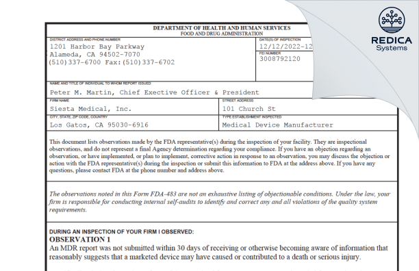 FDA 483 - Siesta Medical, Inc. [Los Gatos / United States of America] - Download PDF - Redica Systems