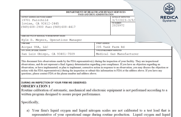 FDA 483 - Airgas Usa, LLC [San Luis Obispo / United States of America] - Download PDF - Redica Systems