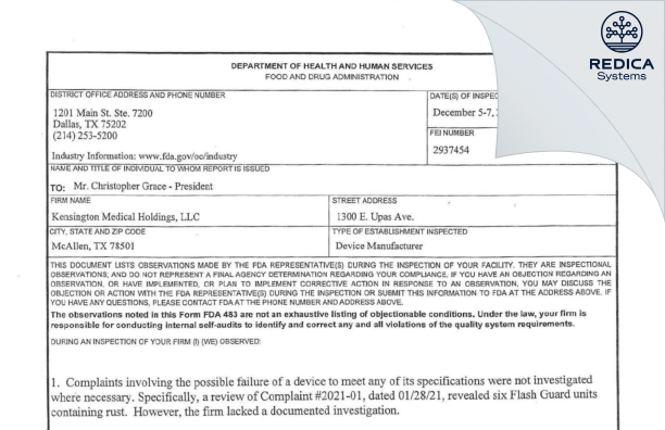 FDA 483 - Kensington Medical Holdings LLC [Mcallen / United States of America] - Download PDF - Redica Systems