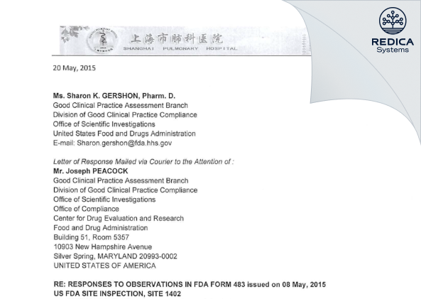 FDA 483 Response - Jinming Liu [Shanghai City / China] - Download PDF - Redica Systems