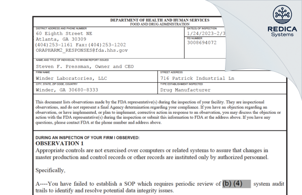 FDA 483 - WINDER LABORATORIES, LLC [Winder / United States of America] - Download PDF - Redica Systems