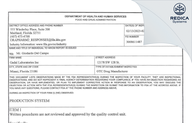 FDA 483 - GADAL Laboratories, Inc [Miami Florida / United States of America] - Download PDF - Redica Systems