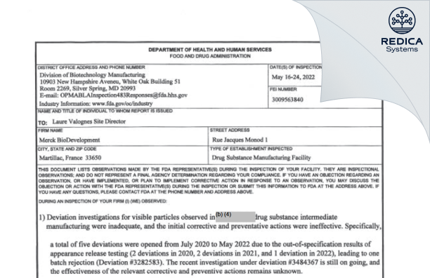 FDA 483 - Merck Biodevelopment [France / France] - Download PDF - Redica Systems