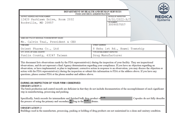 FDA 483 - Orient Pharma Co., Ltd. QC LABORATORY [Huwei Township / Taiwan] - Download PDF - Redica Systems
