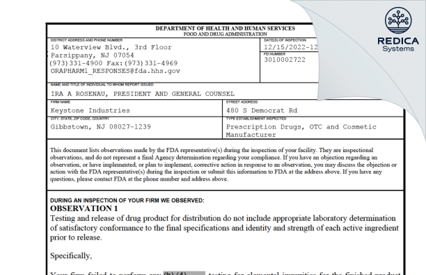 FDA 483 - Keystone Industries [Jersey / United States of America] - Download PDF - Redica Systems