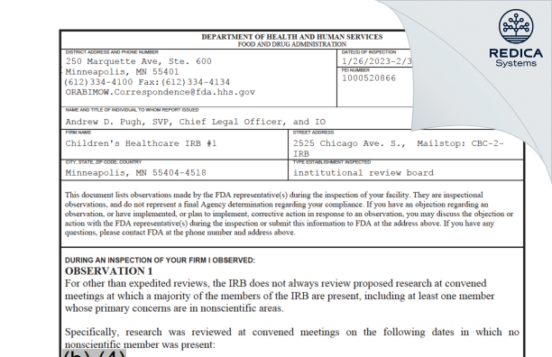 FDA 483 - Children's Healthcare IRB #1 [Minneapolis / United States of America] - Download PDF - Redica Systems
