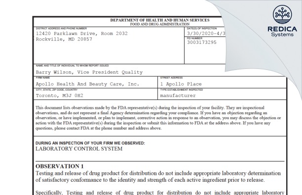 FDA 483 - Apollo Health and Beauty Care Inc. [Toronto / Canada] - Download PDF - Redica Systems