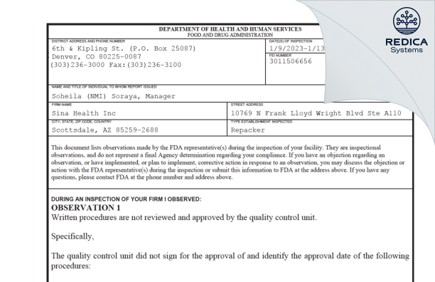 FDA 483 - Sina Health Inc [Scottsdale / United States of America] - Download PDF - Redica Systems