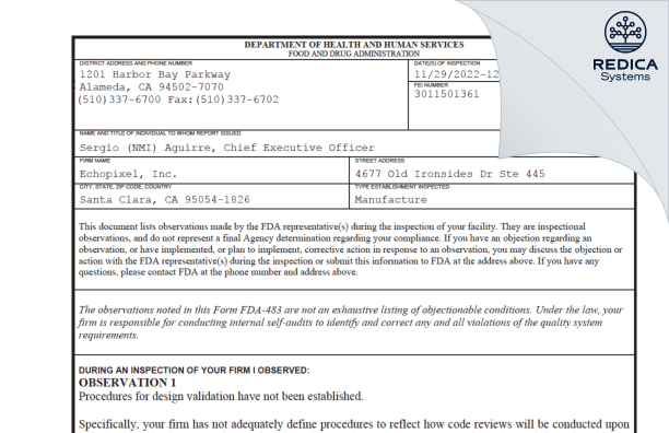 FDA 483 - Echopixel, Inc. [Santa Clara / United States of America] - Download PDF - Redica Systems