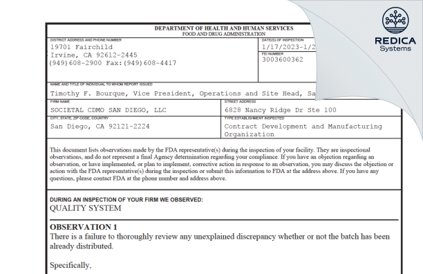 FDA 483 - Societal CDMO San Diego, LLC [San Diego / United States of America] - Download PDF - Redica Systems