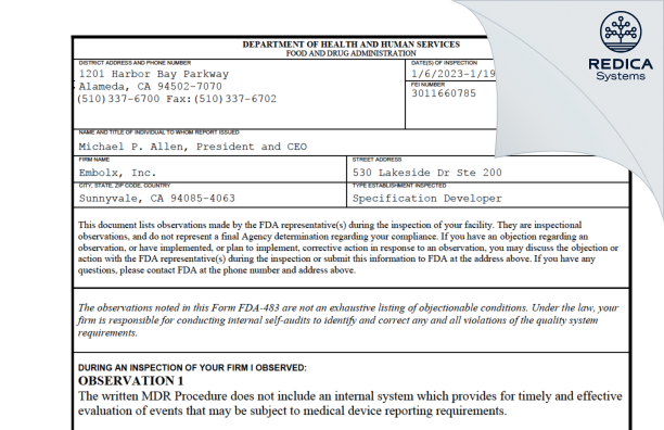 FDA 483 - Embolx, Inc. [Sunnyvale / United States of America] - Download PDF - Redica Systems