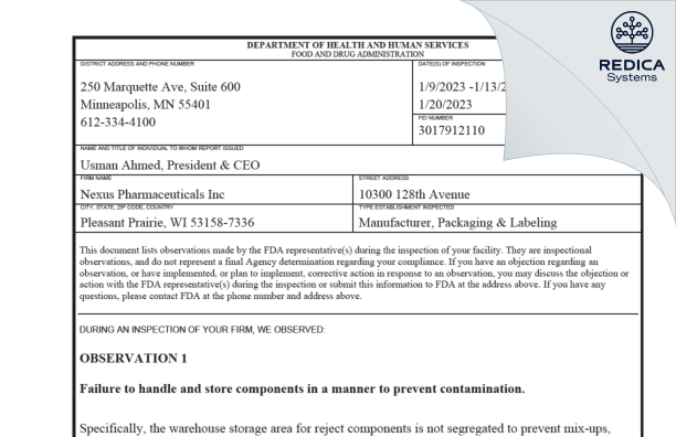 FDA 483 - Nexus Pharmaceuticals, LLC [Wisconsin / United States of America] - Download PDF - Redica Systems