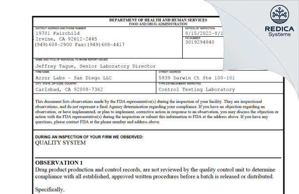 FDA 483 - Azzur Labs - San Diego LLC [Carlsbad / United States of America] - Download PDF - Redica Systems