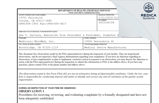 FDA 483 - Medtronic MiniMed, Inc. [Northridge / United States of America] - Download PDF - Redica Systems