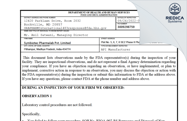 FDA 483 - Symbiotec Pharmalab Private Limited [India / India] - Download PDF - Redica Systems