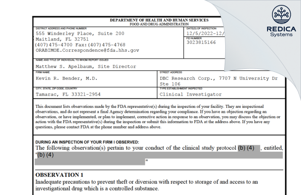 FDA 483 - Kevin R. Bender, M.D. [Tamarac / United States of America] - Download PDF - Redica Systems