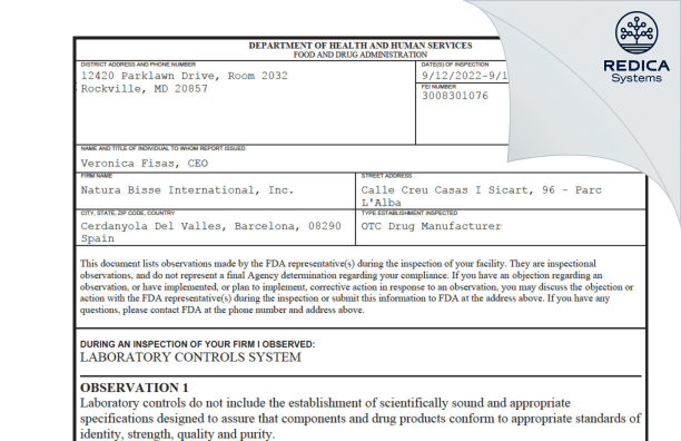FDA 483 - NATURA BISSE INTERNATIONAL SA [Spain / Spain] - Download PDF - Redica Systems