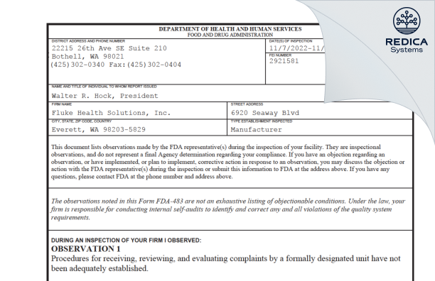 FDA 483 - Fluke Health Solutions, Inc. [Everett / United States of America] - Download PDF - Redica Systems
