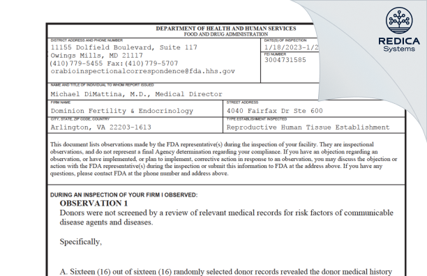 FDA 483 - Dominion Fertility & Endocrinology [Arlington / United States of America] - Download PDF - Redica Systems